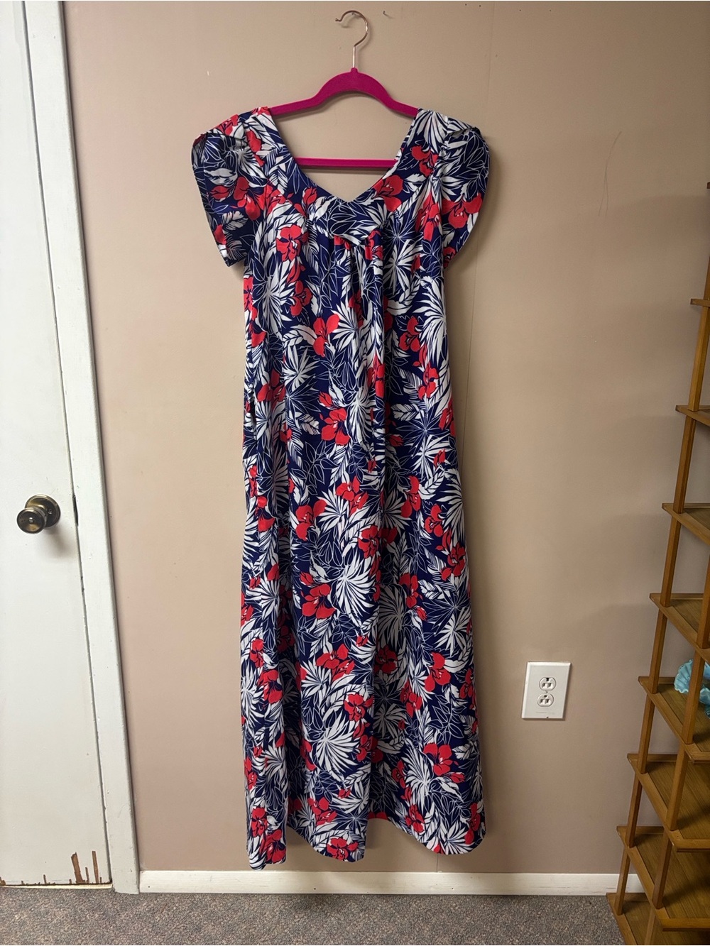 Vintage Tropical Floral Maxi Dress in Navy, White & Red 6